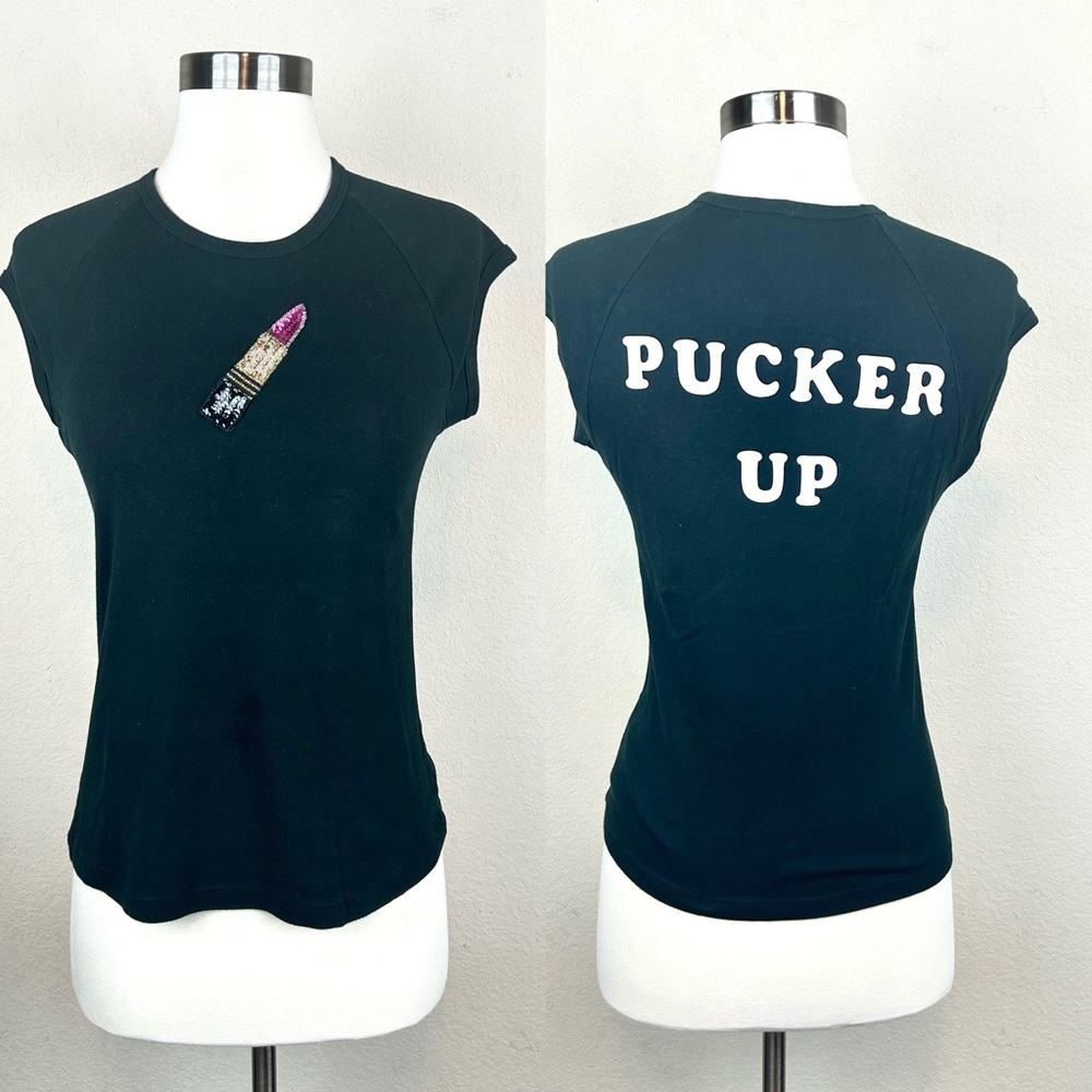 TROO "Pucker Up" Sequin Lipstick Embroidered Black Top